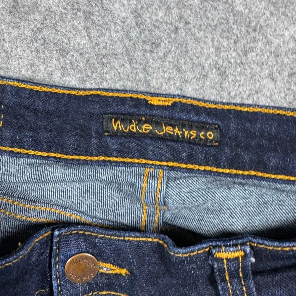 Nudie Jeans Skinny Lin Dry Deep Orange Mens 32x34 Dark Indigo Demin (Fits 29x31)